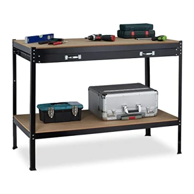 Image de Relaxdays Établi avec tiroir, 2 Niveaux, Atelier &amp; Garage, Acier MDF, Table de Travail, HLP 90,5 x 121 63,5 cm, Noir