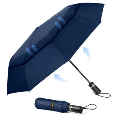 Image de TECKNET Parapluie Pliant Coupe vent, de Voyage Automatique, Grand Résistant au Vent avec 10 Baleines, Golf Solide et Léger, Compact, Bleu