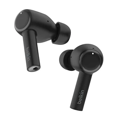 Image de Belkin Écouteurs SoundForm™ Pulse avec suppression du bruit de fond (sans fil, étui recharge sans trois micros par écouteur, IPX5, résistance à l&#039;eau, Bluetooth, pour iPhone et Samsung, noirs)