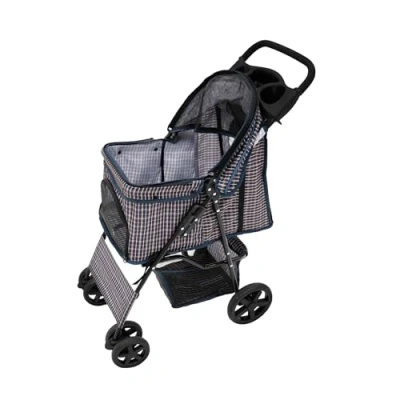 Image de Poussette Pour Animal de Compagnie Bleu Tartan Pliable Capacité 15kg 4 Roules Chat Chien Crochet Sécurité Laisse Coussin Fenêtres Maille Panier Porte Gobelet &amp; Imperméable Couverture Pluie
