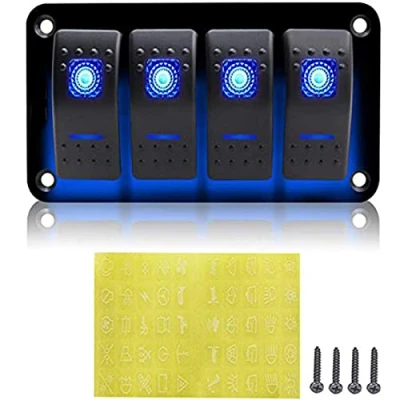 Image de Geloo 4 Gang Interrupteur à Bascule Panneau 12V 24V Étanche avec Lumière LED Bleue pour Voiture RV Camion Marine Bateau