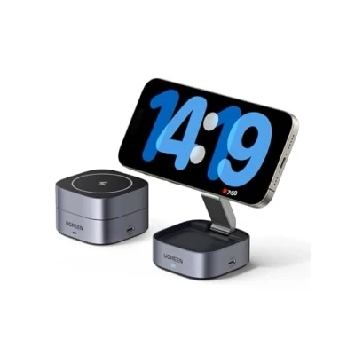 Image de UGREEN MagFlow Chargeur Induction iPhone 2 en 1 Qi 15W Compatible avec MagSafe 16 Plus Pro Max 15 14 13 12 Mini AirPods 4 3 sans Fil Magnétique Rapide Pliable Angle Réglable