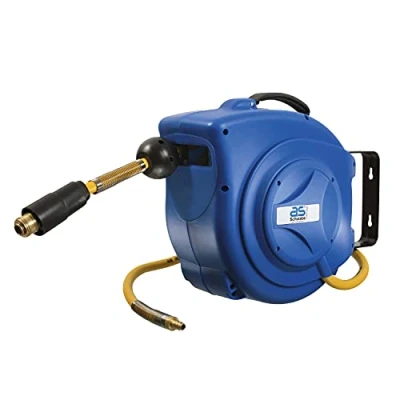 Image de Schwabe Enrouleur Automatique de Tuyau à Air Comprimé 10 m Flexible en Textile PVC, 1 Raccordement Arrêt et Raccords Rapides Bleu I 12612
