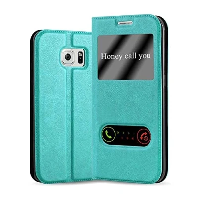 Image de cadorabo Coque pour Samsung Galaxy S6 Edge Plus en Turquoise Menthe Housse Protection avec Stand Horizontal et Deux Fenêtres Portefeuille Etui Poche Folio Case Cover