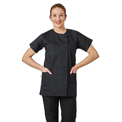 Image de Hurry Jump Tunique de Travail Femme Manches Courtes Noire esthéticenne Coiffure infirmière ergothérapeute Kiné Aide Soignante Domicile Hopital T6