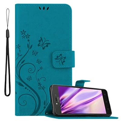 Image de cadorabo Coque pour Motorola Moto C Plus en Bleu Floral Housse Protection Design de Fleur avec Fermoire Magnétique, Stand Horizontal et 3 Fentes Cartes Portefeuille Etui Poche Folio Case Cover