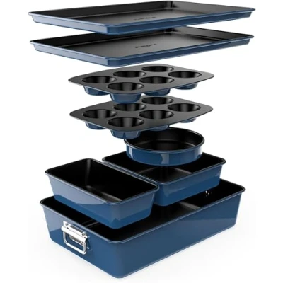 Image de NutriChef Lot de 8 plats cuisson empilables antiadhésifs, Ensemble plaques sans PFOA, PFOS, PTFE, avec revêtement antiadhésif, compatible température allant jusqu&#039;à 450F, bleu