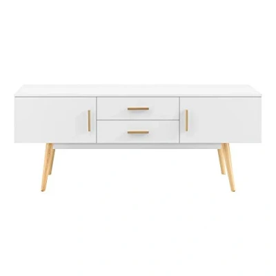 Image de Meuble TV Design Support Télé Banc avec 2 Portes et Tiroirs Panneau de Particules Mélaminé Pieds en Bois 140 x 40 56 cm Blanc