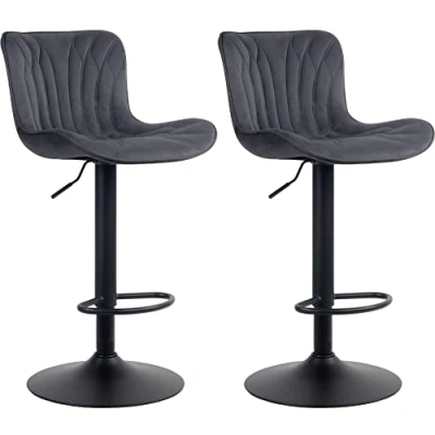 Image de CLP Lot De 2 Tabourets Bar Linus en Similicuir Tissu Velours I Chaises Hautes Réglable Pivotant Pied Métal Repose Pieds, Couleur:Gris foncé, Matériel:Velours