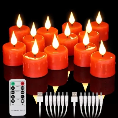 Image de yunsheng Lot de 12 bougies chauffe plat rechargeables rouges avec télécommande et minuterie 4/6 h, LED vacillantes sans flamme 2 câbles USB, mèche en silicone 3D, lumière blanche chaude