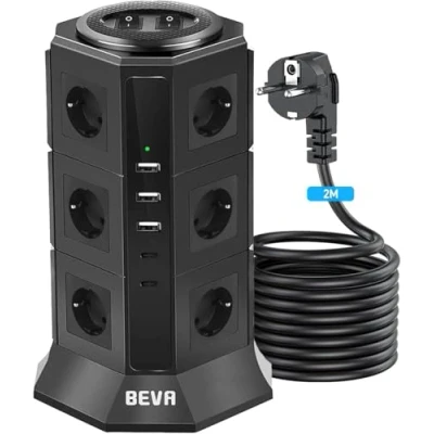 Image de BEVA Tour Multiprise Electrique Parafoudre avec 12 Prises et 2 USB C+3 A, Prise Multiple 2500W/10A Interrupteur pour Bureau Maison Protection Contre Surcharges Surtensions, 2M Cordon