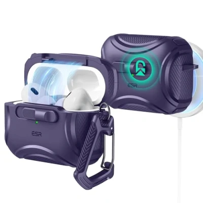 Image de ESR Coque pour AirPods Pro 2/1 (2023/2022/2019), Compatible avec 2e Génération (Câble USB C/Lightning), MagSafe sans Effort, Antichute, Ouverture Facile, Série Cyber, Violet