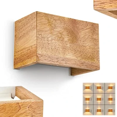 Image de Applique Badajoz, lampe murale en bois/métal naturel/blanc, carrée avec différents effets de lumière, luminaire up &amp; down, 1 x G9, ampoule(s) non incluse(s)
