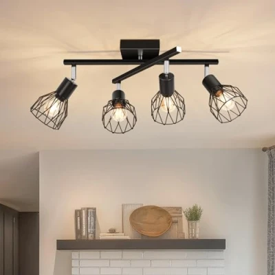 Image de Kimjo Plafonnier Led 4 Spots Orientable, Noir de Plafond Intérieurs, Rampe avec Douille E14, Luminaire pour Chambre, Salon, Salle à Manger, Couloir (Sans Ampoules)