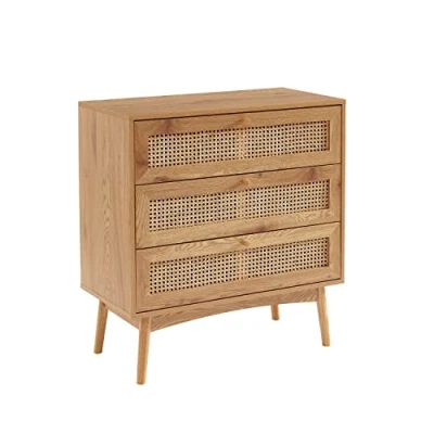Image de BAÏTA Commode INES Effet chêne et cannage rotin 3 tiroirs