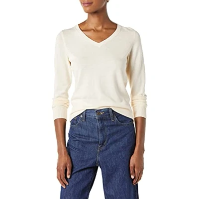 Image de Amazon Essentials Pull Col en v À Manches Longues Léger Coupe Classique (Grandes Tailles Disponibles) Femme, Écru, XXL