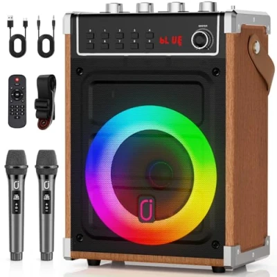Image de JYX Machine de Karaoké, Enceintes Karaoké Professionnelles avec 2 Microphones sans Fil et Lumières Fête DJ, Supporte le Système Portable TWS/AUX/FM/USB/TF Card.