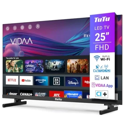 Image de TuTu Smart TV 25 Pouces (64 cm) FHD LED WiFi Connectée Téléviseurs sans Bord VIDAA OS avec Triple Tuner, Remote App, Molotov, Netflix, Prime Video, Disney+, Youtube, TUV25FQ1B