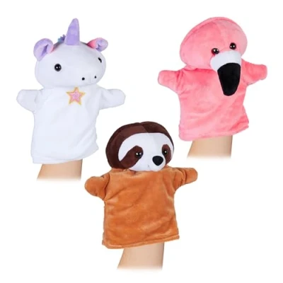 Image de Relaxdays Marionnette à Main, en Lot de 3, Flamant Rose, Licorne, Paresseux, Toute Douce, pour Enfant, Multicolore