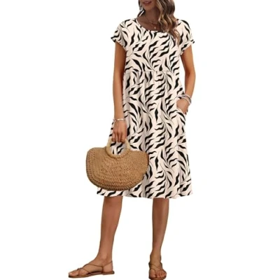 Image de AUSELILY Robe Femme d&#039;été Droite Mi Longue à Manches Courtes Robes aux Genoux Ample Décontractée Style Empire avec Poches