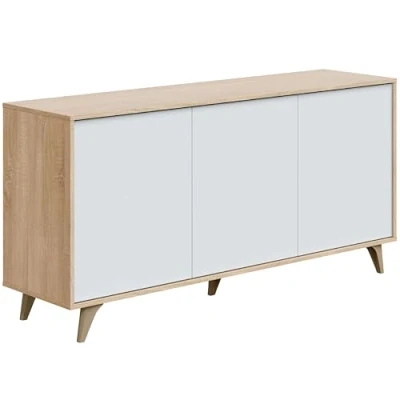 Image de Habitdesign LOUNGITUDE Laura Buffet 3 Portes étagères Blanc/chêne L154 x P40 H75cm