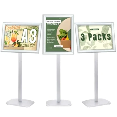 Image de Mutualsign Lot de 3 supports robustes pour affiches A3 avec base stable, cadre encliquetable menu, avis, publicité, bienvenue, argenté
