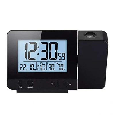 Image de ALLOMN Réveil de Projection, Numérique Double Alarme avec Port Charge USB, 12/24 Heures/Température/Journée/Temps/Affichage la Date/Roupillon Une Fonction (Argent)
