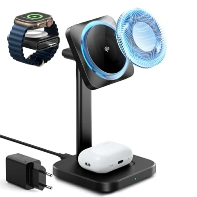 Image de ESR Qi2 Station de charge sans fil 3 en 1 avec CryoBoost [certifié] Apple Watch et chargeur Magsafe 15 W pour iPhone 16/15/14, AirPods, fil, noir