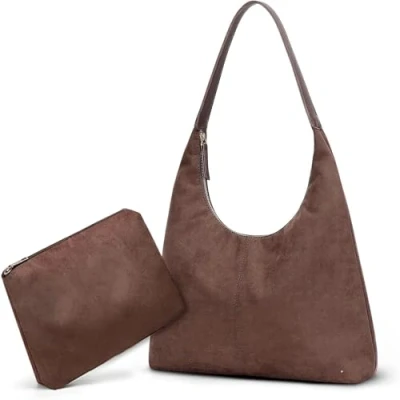 Image de Sac Porté Épaule Femme en Daim Cuir Souple Fourre Tout Rétro Grande Capacité a Main Hobo Bandoulière avec Fermeture Éclair 2Pcs Set (Café)