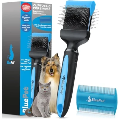 Image de BluePet Brosse professionnelle Pour chiens et chats à poils longs Elimine le sous poil avec picots souples (Brosse Pro) (Tête simple bleue)