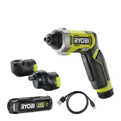 Image de RYOBI Tournevis 4V USB Lithium 5 Nm éclairage LED Câble C 1 batterie 2,0 Ah Livré en coffret + 10 embouts, renvoi d&#039;angle un mandrin déporté RSD4 120TA2