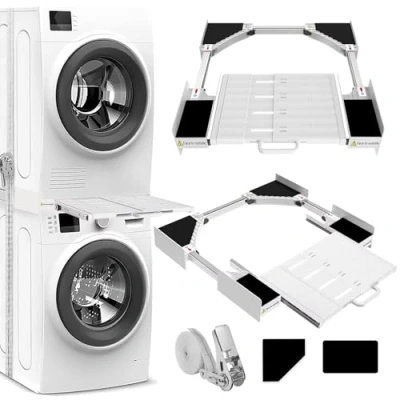 Image de NIUXX Cadre Intermédiaire pour Laver avec Étagère, de Connexion Universel 53 68 cm Machine à Laver, Kit D’empilage Sèche Linge, Porte Serviettes Extensible