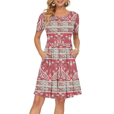 Image de AUSELILY Robe décontractée à Manches Courtes plissée avec Poches Longueur Genou M,Rouge de bohèmea