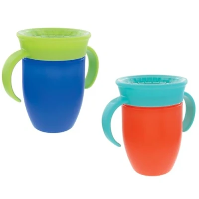 Image de Nuby All Around Tasse antifuite Poignées ergonomiques Conçu pour boire dans toutes les positions 210ml Convient aux enfants de + 4 mois (Pack 2, Bleu/Orange)