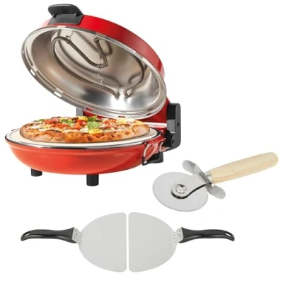 Image de Petra PT5666VDE four à pizza électrique, d&#039;intérieur 1 200 W, 5 réglages de chaleur, préchauffage rapide, pizzas 30 cm en minutes, pierre amovible, coupe et 2 pelles, rouge