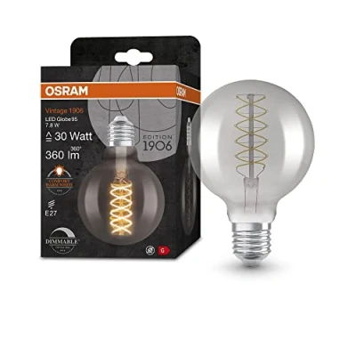 Image de OSRAM Vintage 1906 smoke tinted LED lamp, 7.8W, 360lm, globe shape with 125mm diameter &amp; E27 base, warm white light, spiral filament, dimmable, life of up to 15,000 hours