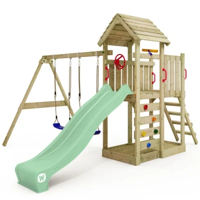 Image de WICKEY Aire de Jeux MultiFlyer portique avec Toit en Bois &amp; balançoire et Toboggan, Tour d&#039;escalade pour Enfants bac à Sable, échelle Accessoires Jeu Le Jardin Vert Pastel