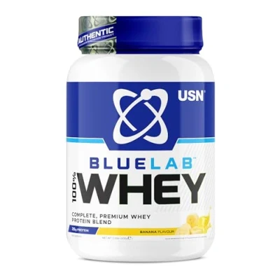 Image de USN Blue Lab Whey Boisson Protéinée en Poudre, Protéines de Lactosérum &amp; BCAA, Prise Masse Récupération, Shaker Post Entraînement, Saveur Banane, 908 g, NBLW05