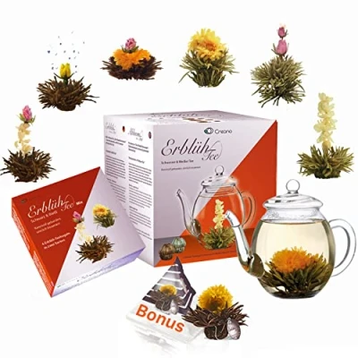Image de Creano fleurs de thé infusé avec Théière en verre 500 ml et 6 noir blanc + 1 boule portion tasse