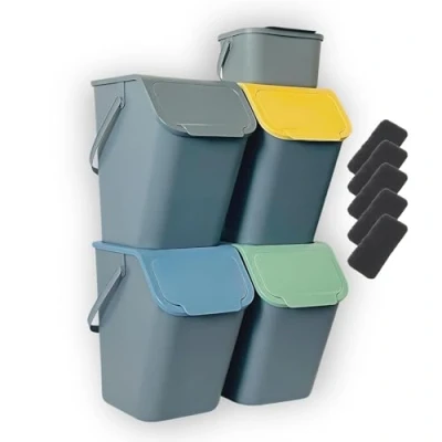 Image de Go Practic Ensemble de 5 poubelles cuisine empilables, système tri sélectif, 4 25 l avec couvercle à clic, 1 petite poubelle pour déchets organiques, grises