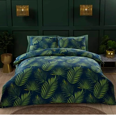 Image de Rapport Home Parure de lit Double Tissu Microfibre Polyester Doux 180 Fils au Pouce carré Motif Feuilles Tropicales Palma Housse Couette réversible avec taies d&#039;oreiller Vert (3
