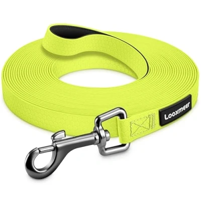 Image de Looxmeer Longe pour Chien, 3 m/5m/7m/10m/15m/20m/25m/30m, Laisse Chien avec Poignée et Sac de Rangement, Laisses Étanches Chiens Dressage Toutes Tailles, Longue Robuste (Jaune)