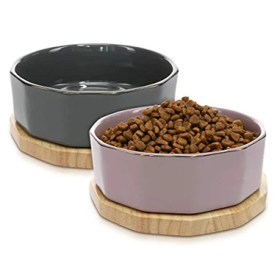 Image de Navaris Lot 2X Bol en Céramique Gamelle Design pour Chat Chien Chiot 800 ML avec Support Bois de Chêne Set Surélevée Socle