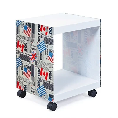 Image de Inter Link Table d&#039;appoint de chevet basse Sur roulettes Flag Cube Verre et MDF Moderne pratique Laqué blanc 38 x 33,5 46 cm