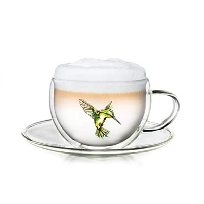Image de Creano Tasse isotherme Hummi à Double Paroi, pour Thé/Latte Macchiato, Colibri Avec Soucoupe 250ml dans une Boîte Vadeau exclusive, Vert
