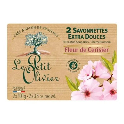 Image de LE PETIT OLIVIER 2 Savonnettes Extra Douces Fleur De Cerisier Parfum La Région Grasse Nettoient Peau en Douceur Fabriqué France 2x100g