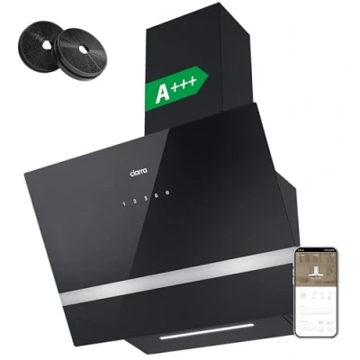 Image de Ciarra CBCB6736H Hotte Aspirante Classe A+++ Inclinée 60 cm 650m3/h Filtre à Charbon Inclus Commande Tactile 4 Vitesses avec Fonction Boost LED Dimmable Noir