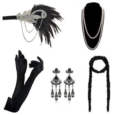 Image de DRESHOW 1920s Accessoires Gatsby Costume Set pour Femmes Bandeau Flapper Collier Gants Charleston La Mascarade Halloween Noël