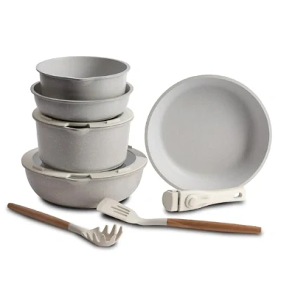 Image de BERGNER Click&amp;Cook Set 10 pièces Easy Click Beige Cookware Comprend poêles, casseroles, couvercles et ustensiles Fonte d&#039;aluminium Revêtement marbré antiadhésif Poignée Amovible