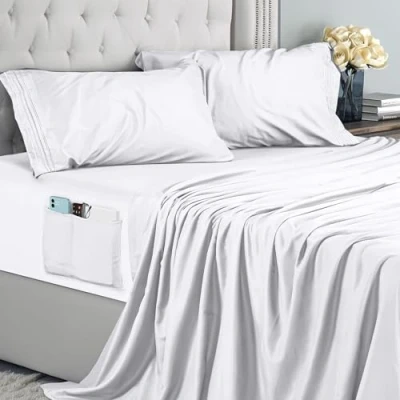 Image de Utopia Bedding Parure de Lit Brodé 4 Pièces (135x190, Blanc), Draps 2 Personnes, Polyester Microfibre, Drap Housse avec Poches Rangement, Plat et Taies d&#039;oreiller